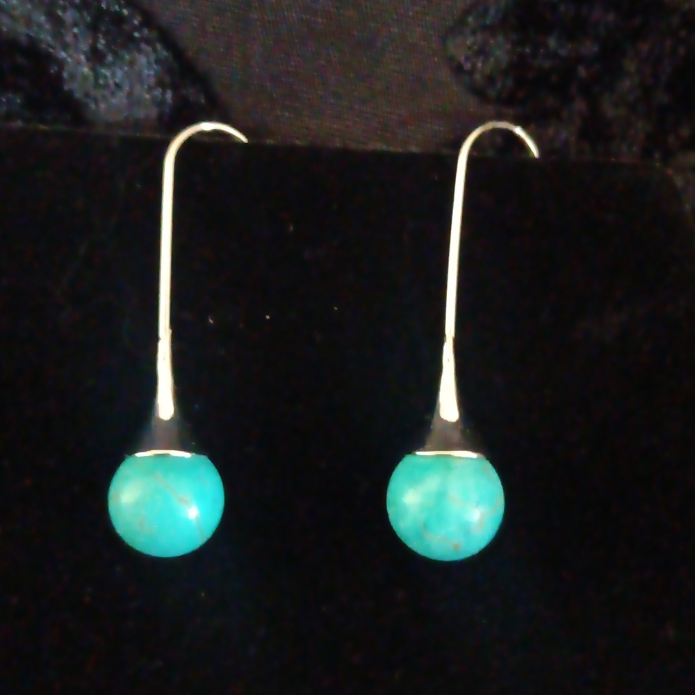 Turquoise Drop Ball Earrings - Gold Hook - Picture 3 of 3